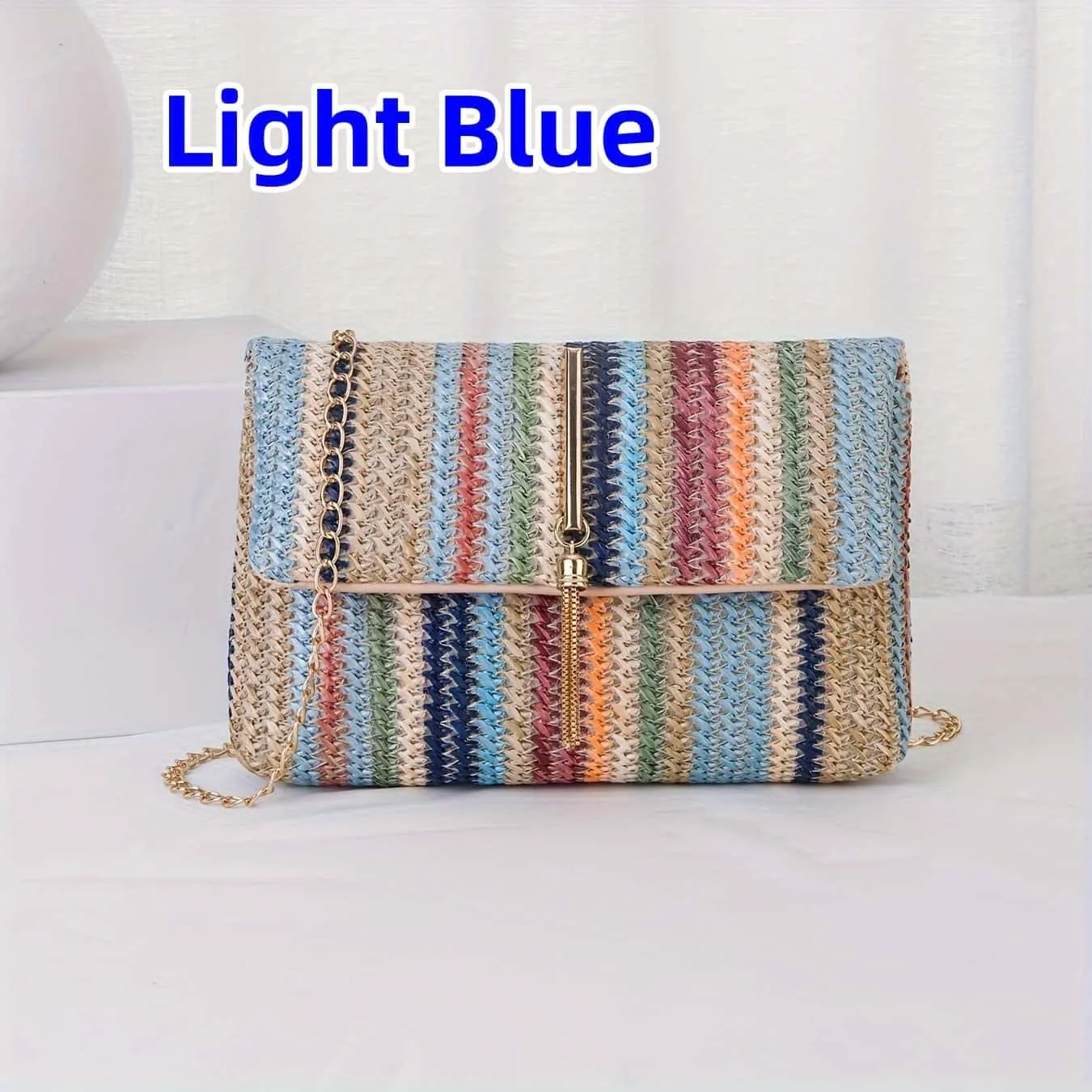 Straw Crossbody Bags for Women Trendy Fashion Tassel Decorated Summer Beach Casual Striped Pattern Flap Shoulder Bag