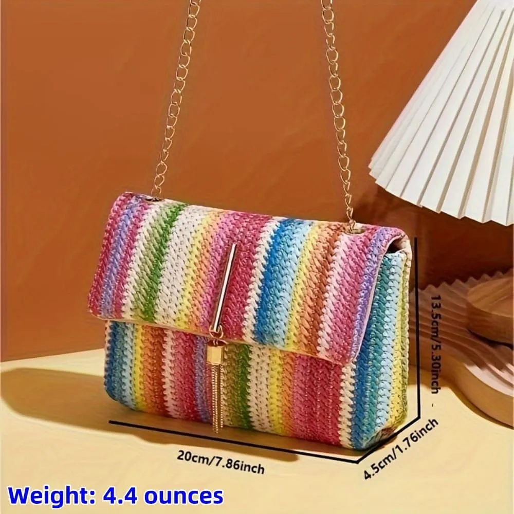 Straw Crossbody Bags for Women Trendy Fashion Tassel Decorated Summer Beach Casual Striped Pattern Flap Shoulder Bag