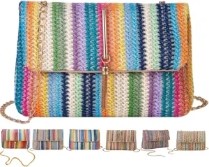 Straw Crossbody Bags for Women Trendy Fashion Tassel Decorated Summer Beach Casual Striped Pattern Flap Shoulder Bag