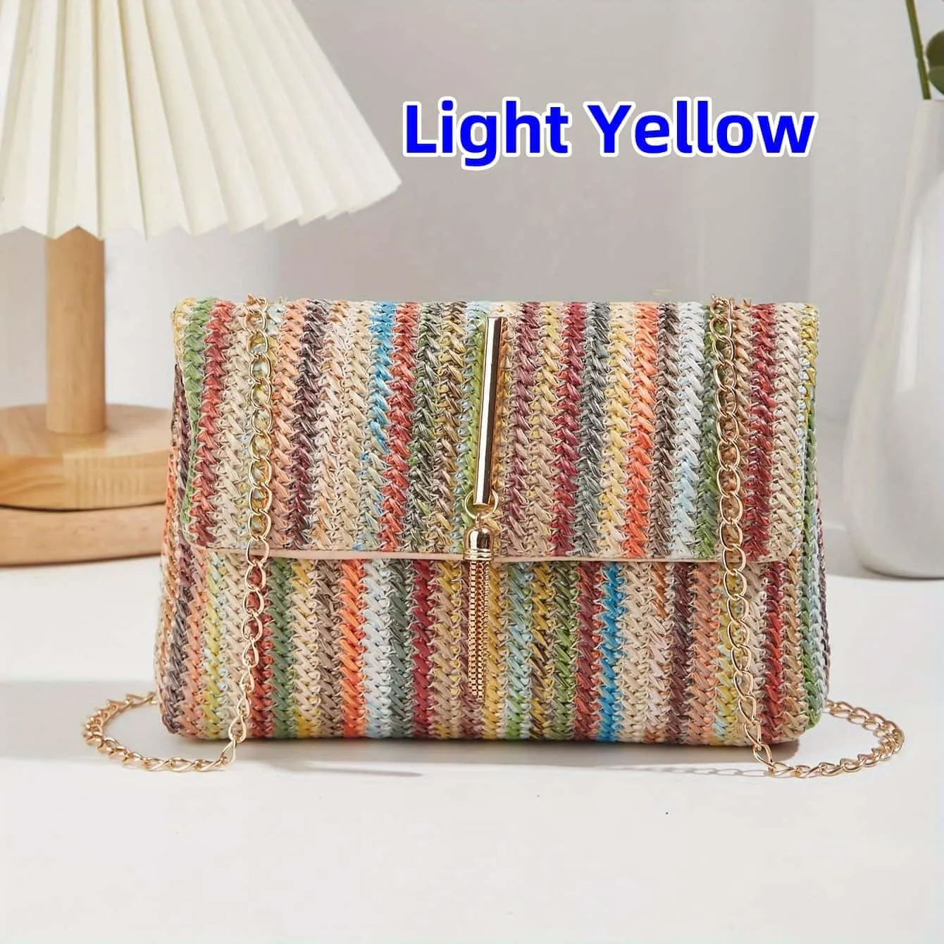 Straw Crossbody Bags for Women Trendy Fashion Tassel Decorated Summer Beach Casual Striped Pattern Flap Shoulder Bag