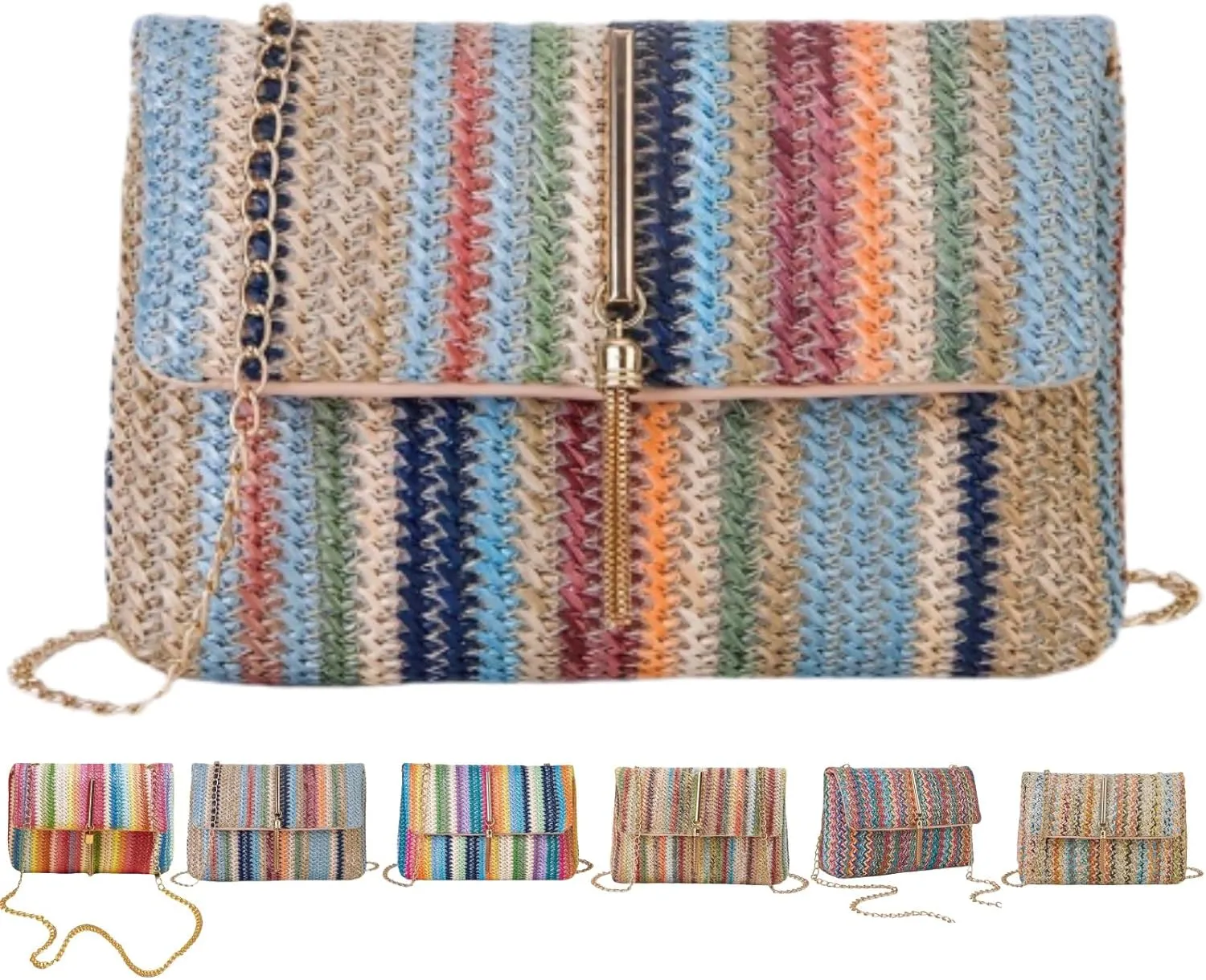 Straw Crossbody Bags for Women Trendy Fashion Tassel Decorated Summer Beach Casual Striped Pattern Flap Shoulder Bag