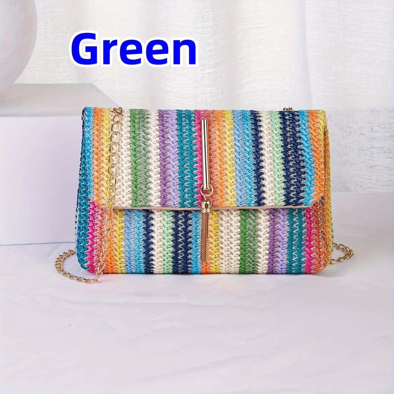 Straw Crossbody Bags for Women Trendy Fashion Tassel Decorated Summer Beach Casual Striped Pattern Flap Shoulder Bag