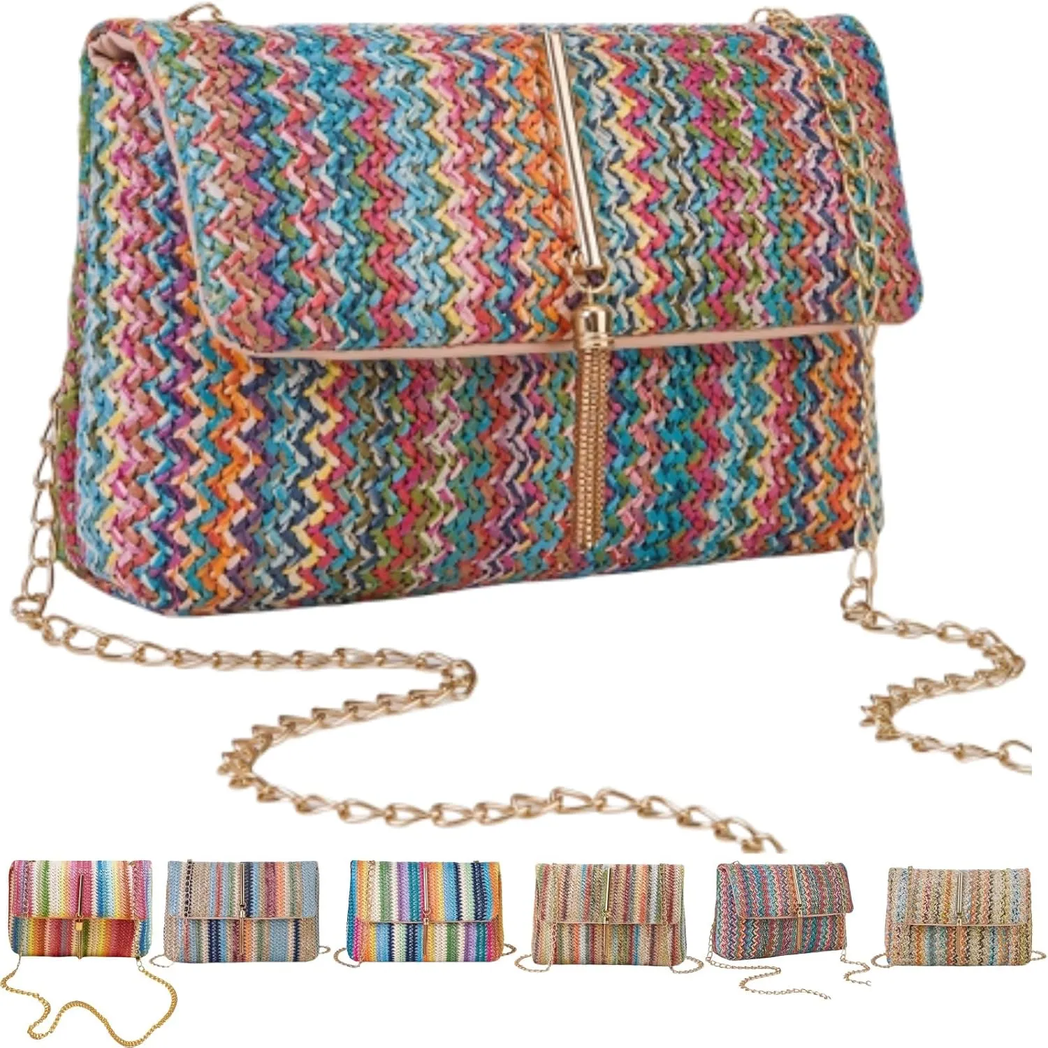 Straw Crossbody Bags for Women Trendy Fashion Tassel Decorated Summer Beach Casual Striped Pattern Flap Shoulder Bag