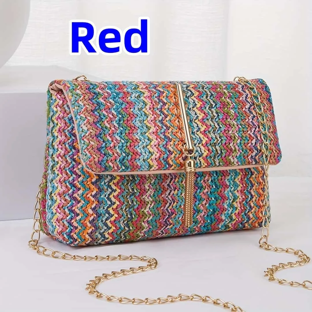 Straw Crossbody Bags for Women Trendy Fashion Tassel Decorated Summer Beach Casual Striped Pattern Flap Shoulder Bag