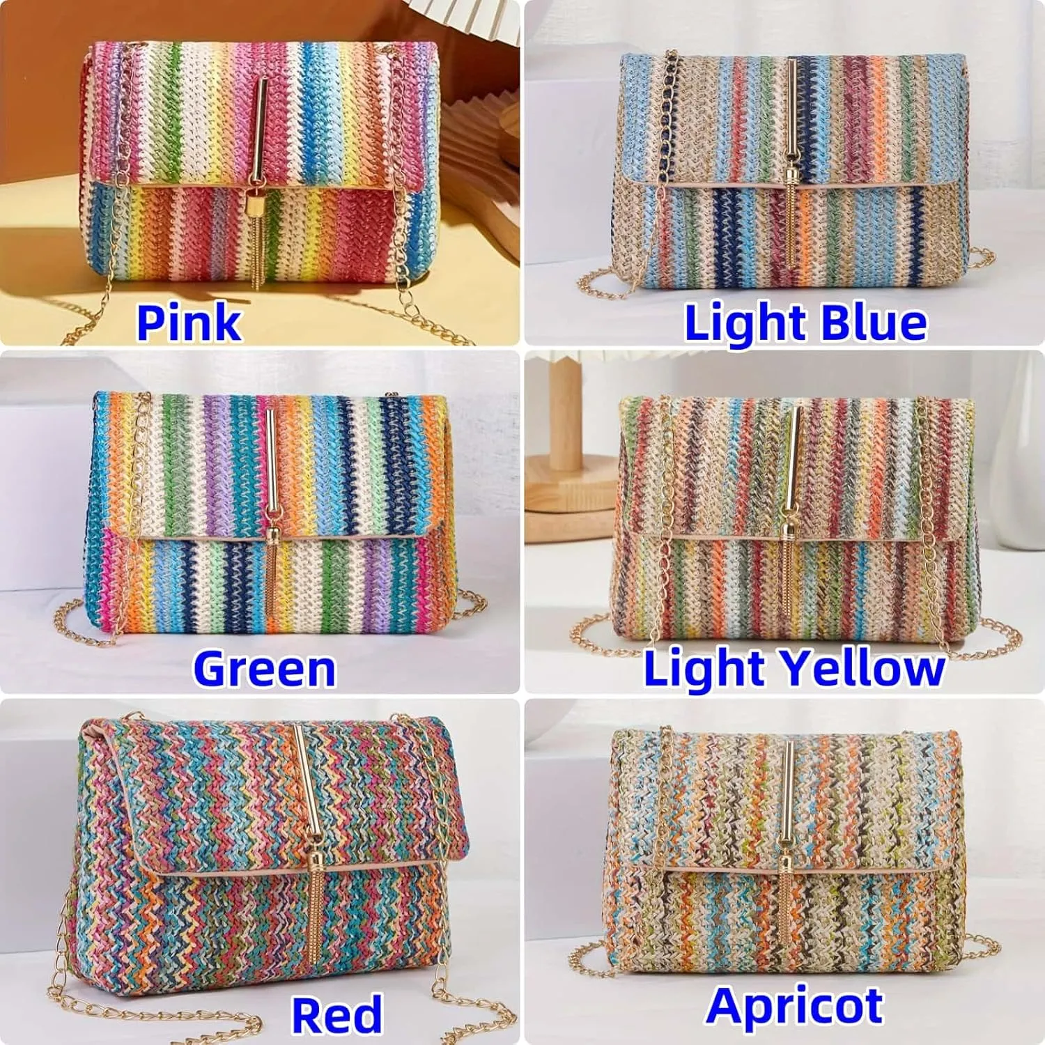 Straw Crossbody Bags for Women Trendy Fashion Tassel Decorated Summer Beach Casual Striped Pattern Flap Shoulder Bag