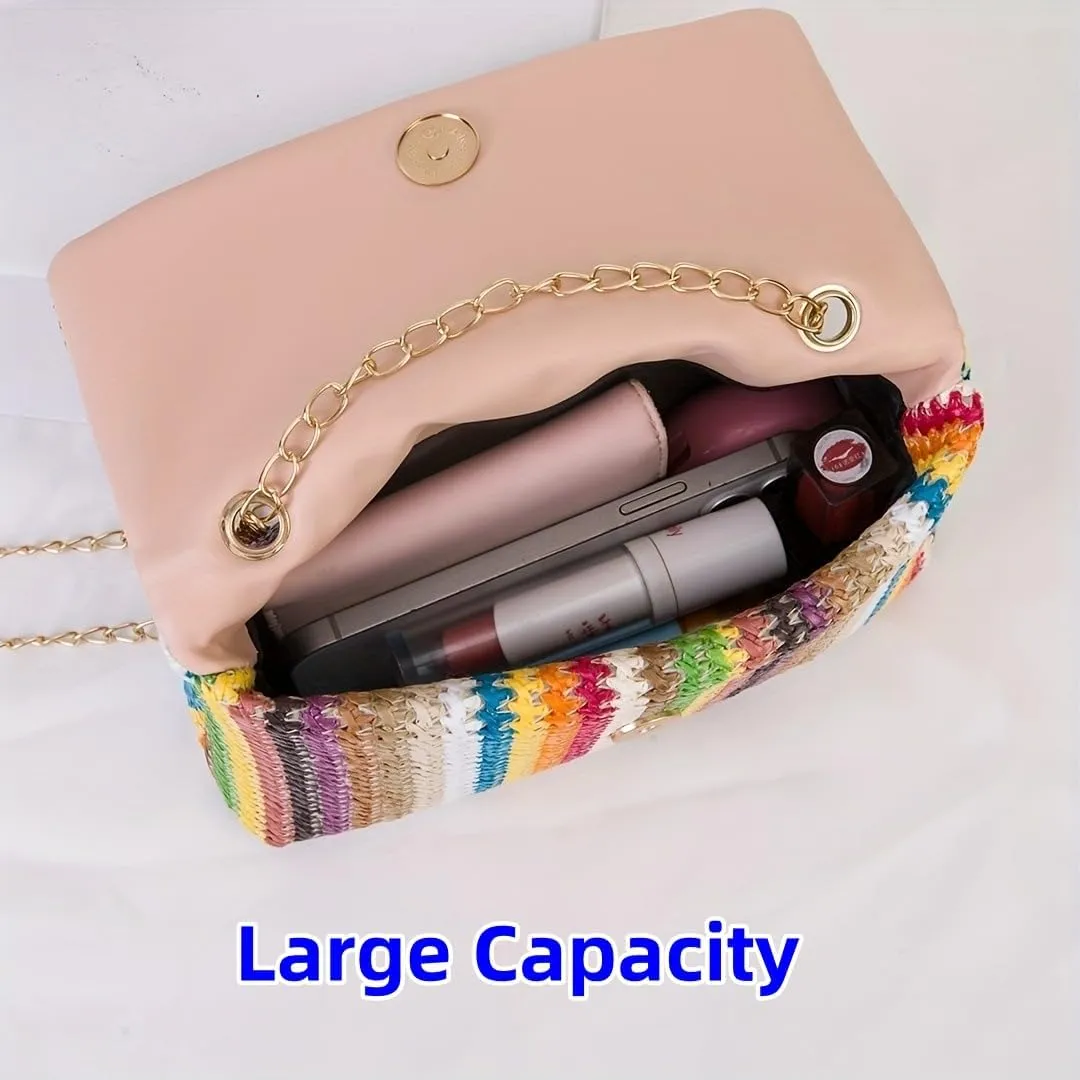 Straw Crossbody Bags for Women Trendy Fashion Tassel Decorated Summer Beach Casual Striped Pattern Flap Shoulder Bag