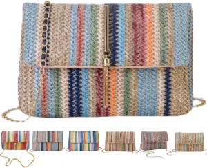 Straw Crossbody Bags for Women Trendy Fashion Tassel Decorated Summer Beach Casual Striped Pattern Flap Shoulder Bag
