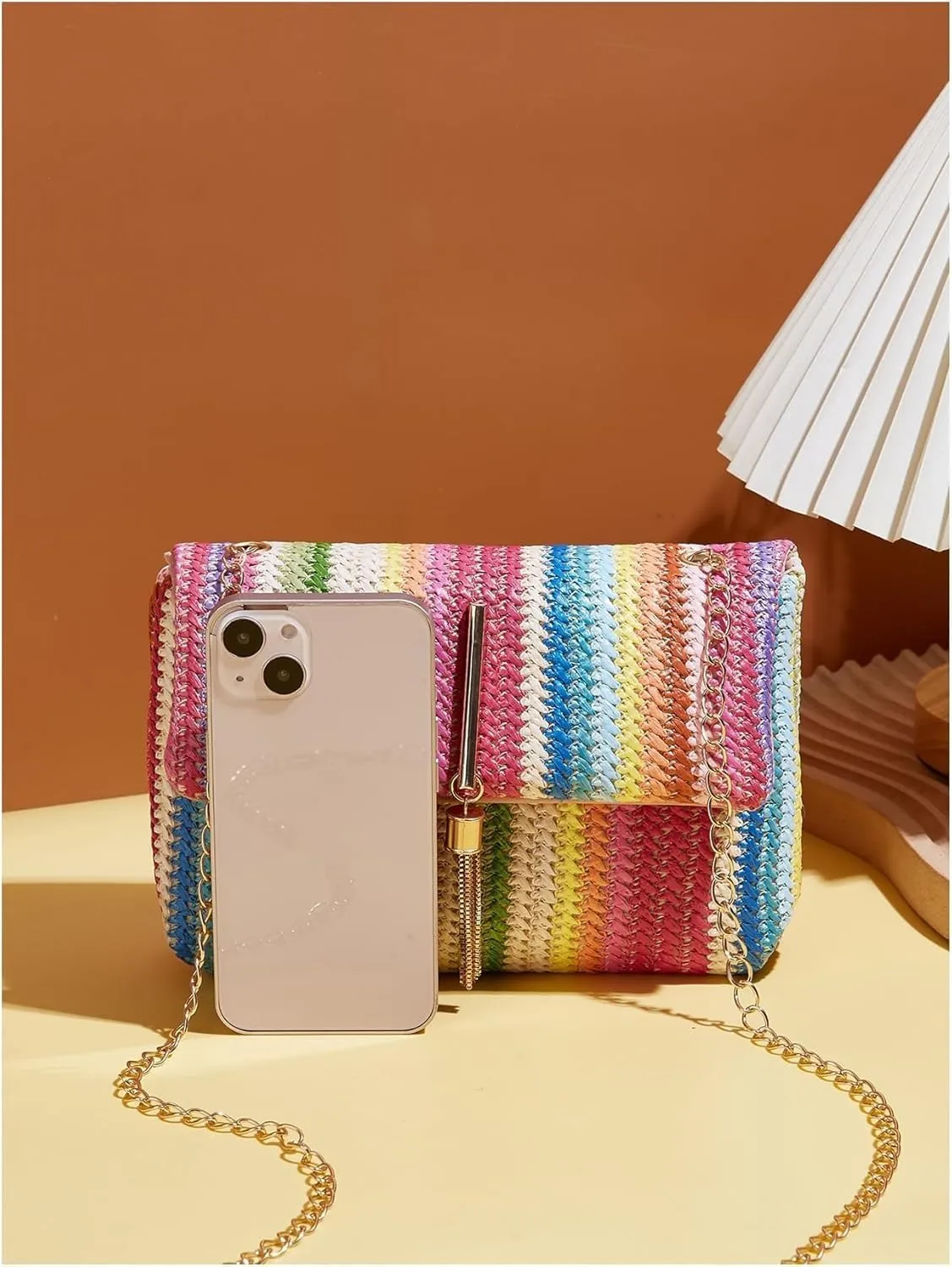 Straw Crossbody Bags for Women Trendy Fashion Tassel Decorated Summer Beach Casual Striped Pattern Flap Shoulder Bag
