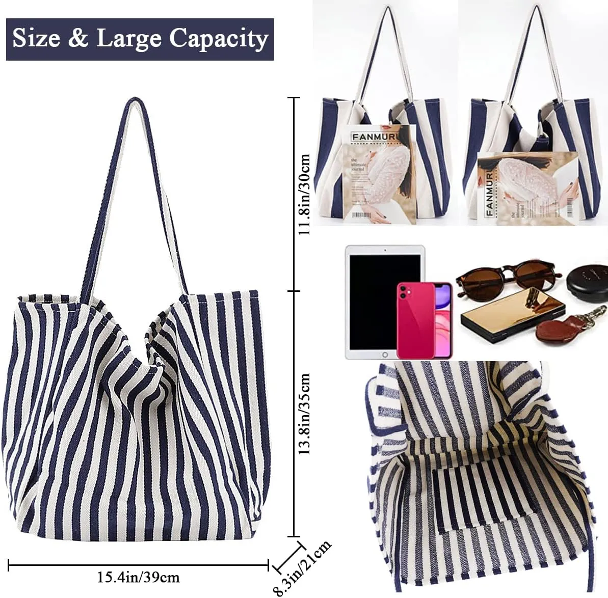 Striped Canvas Tote Handbag for Women Vertical Stripe Large Capacity Shoulder Bag for Shopping Travel