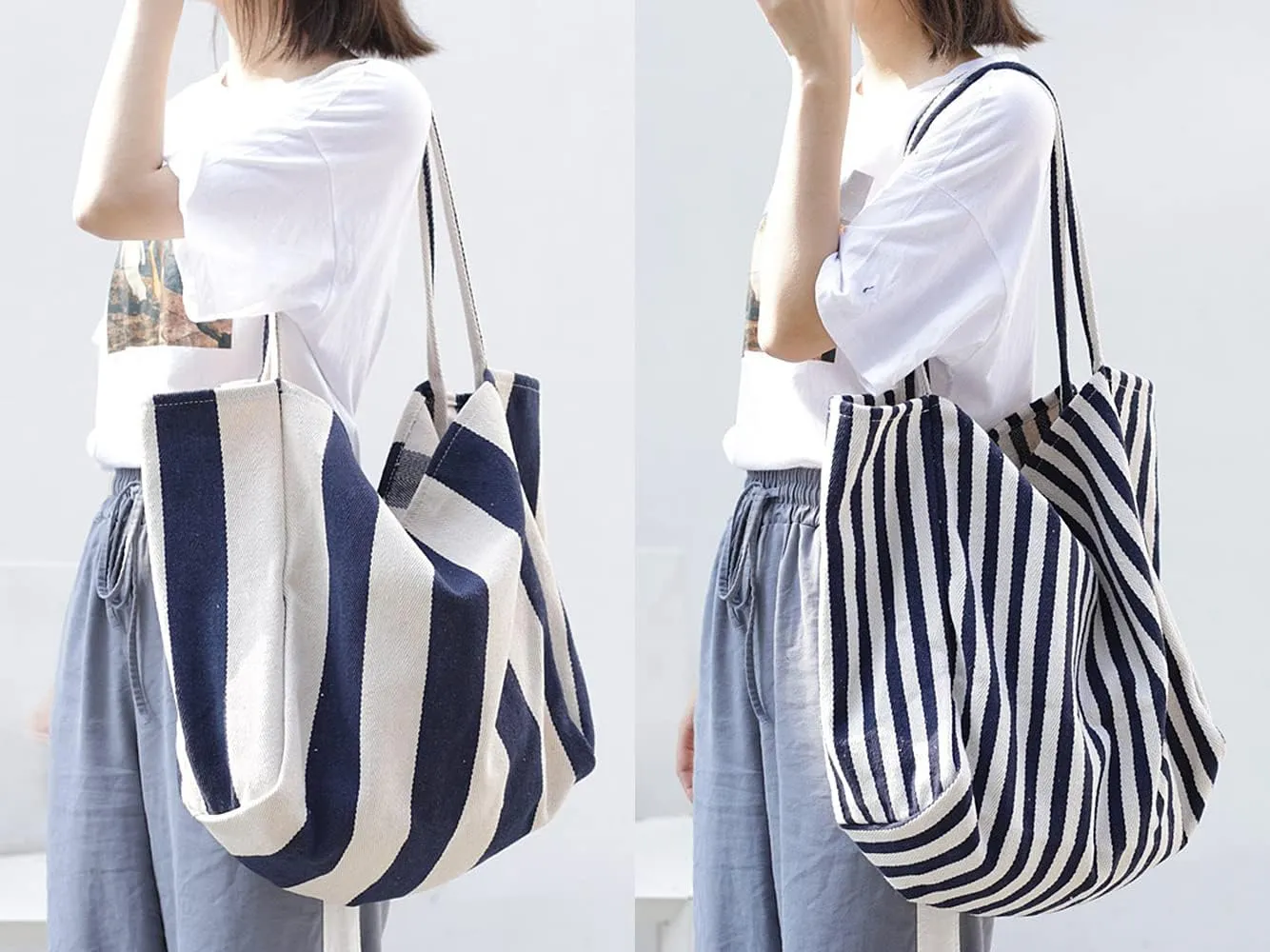 Striped Canvas Tote Handbag for Women Vertical Stripe Large Capacity Shoulder Bag for Shopping Travel