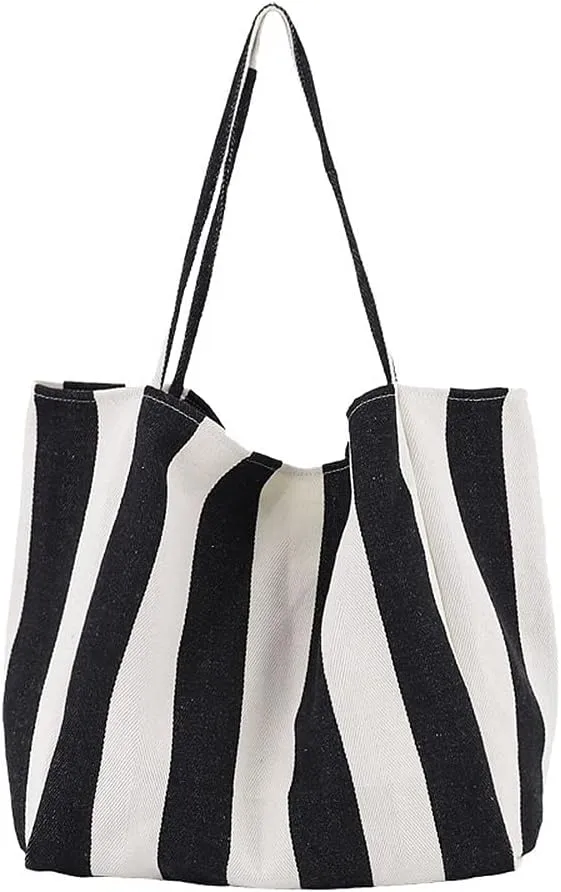 Striped Canvas Tote Handbag for Women Vertical Stripe Large Capacity Shoulder Bag for Shopping Travel