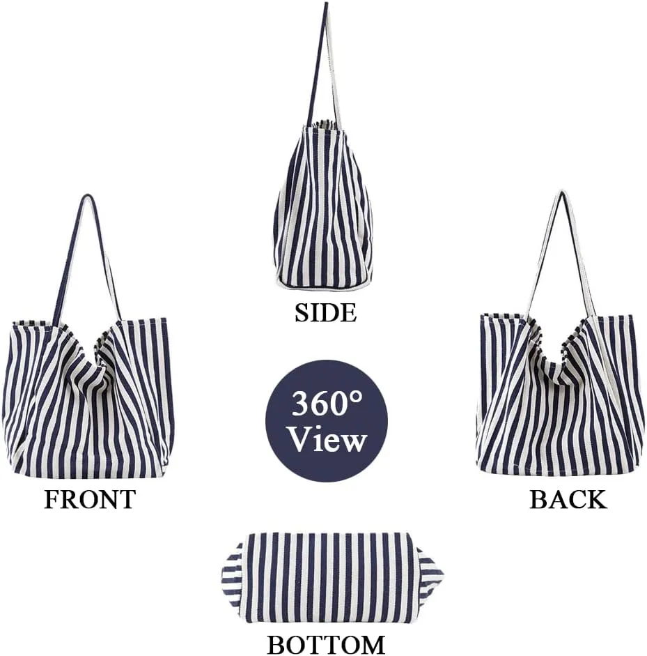 Striped Canvas Tote Handbag for Women Vertical Stripe Large Capacity Shoulder Bag for Shopping Travel