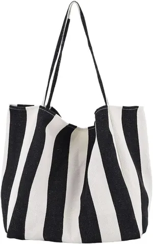 Striped Canvas Tote Handbag for Women Vertical Stripe Large Capacity Shoulder Bag for Shopping Travel