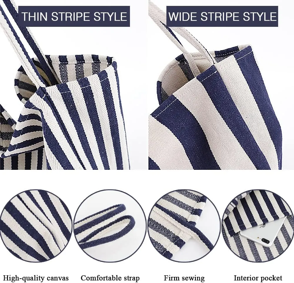 Striped Canvas Tote Handbag for Women Vertical Stripe Large Capacity Shoulder Bag for Shopping Travel