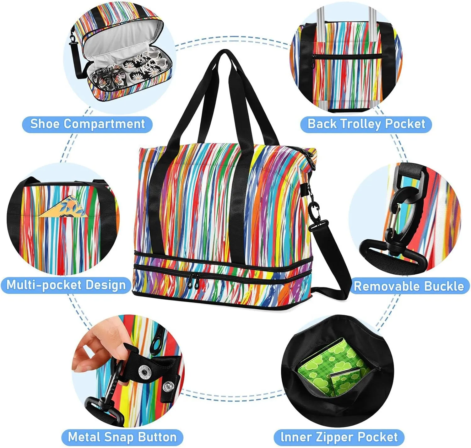 Striped Sport Tote Bag for Women,Gym Bag Black White Stripe Duffle Bag with Shoe Compartment and Wet Pocket