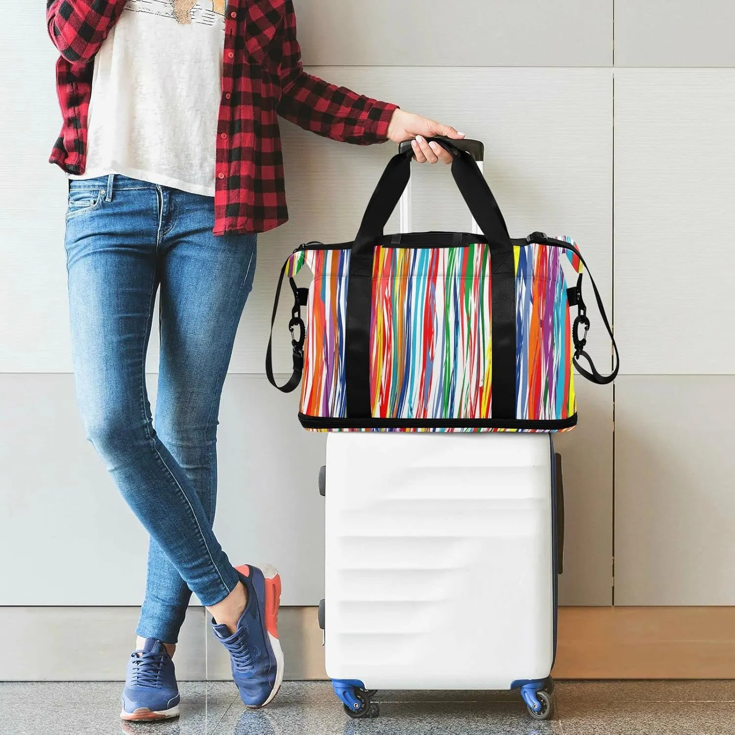Striped Sport Tote Bag for Women,Gym Bag Black White Stripe Duffle Bag with Shoe Compartment and Wet Pocket