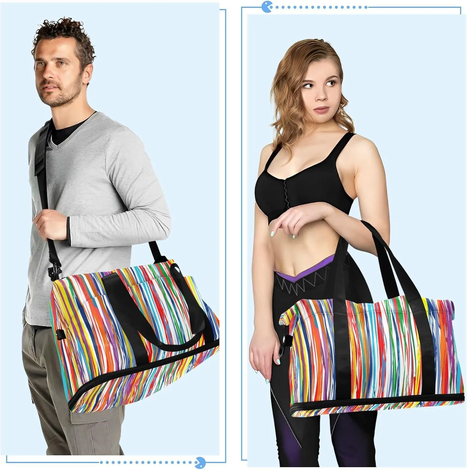 Striped Sport Tote Bag for Women,Gym Bag Black White Stripe Duffle Bag with Shoe Compartment and Wet Pocket
