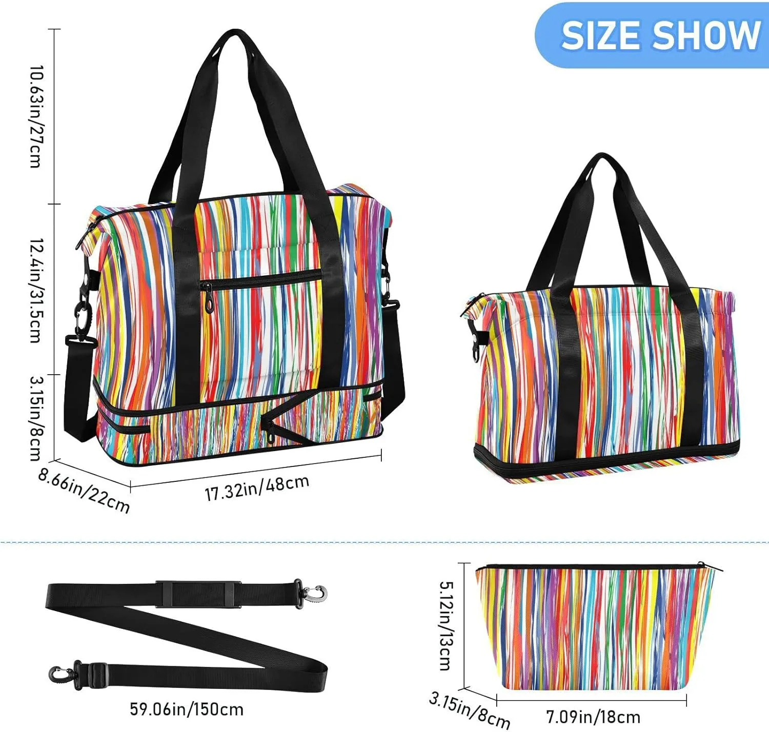 Striped Sport Tote Bag for Women,Gym Bag Black White Stripe Duffle Bag with Shoe Compartment and Wet Pocket