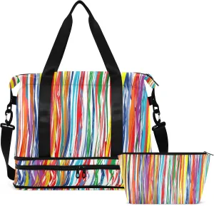 Striped Sport Tote Bag for Women,Gym Bag Black White Stripe Duffle Bag with Shoe Compartment and Wet Pocket