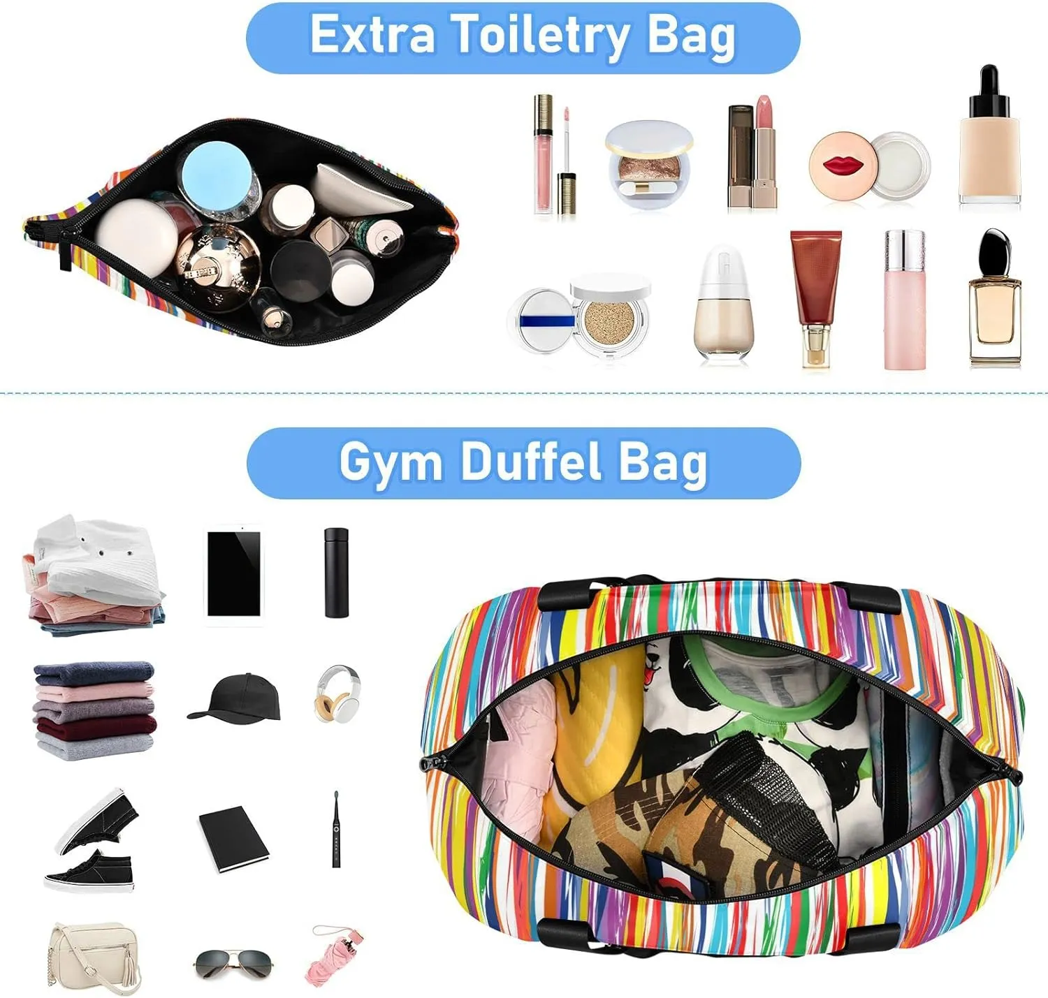 Striped Sport Tote Bag for Women,Gym Bag Black White Stripe Duffle Bag with Shoe Compartment and Wet Pocket