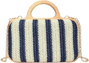 Striped Straw Clutch Purse for Women Color-Block Woven Bag with Wooden Handle Boho Summer Beach Shoulder Evening Bag