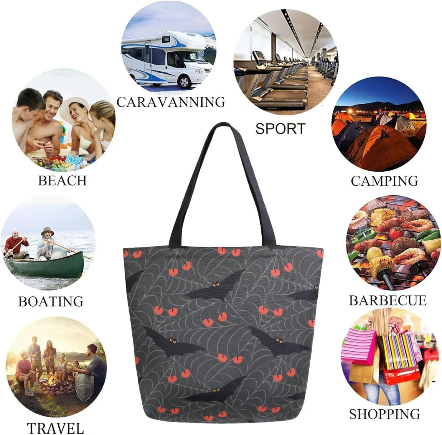 Stylish Extra Large Shoulder Grocery Tote Bag, Angry Bats and Cat Eyes in Spider Web Halloween Canvas Daily Handle Bag for Gym Yoga Weekender Beach Travel Picnic Kitchen Reusable Market Shopping