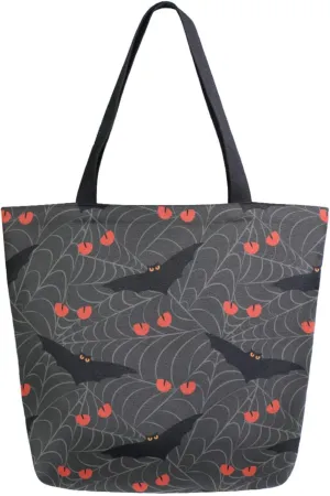 Stylish Extra Large Shoulder Grocery Tote Bag, Angry Bats and Cat Eyes in Spider Web Halloween Canvas Daily Handle Bag for Gym Yoga Weekender Beach Travel Picnic Kitchen Reusable Market Shopping