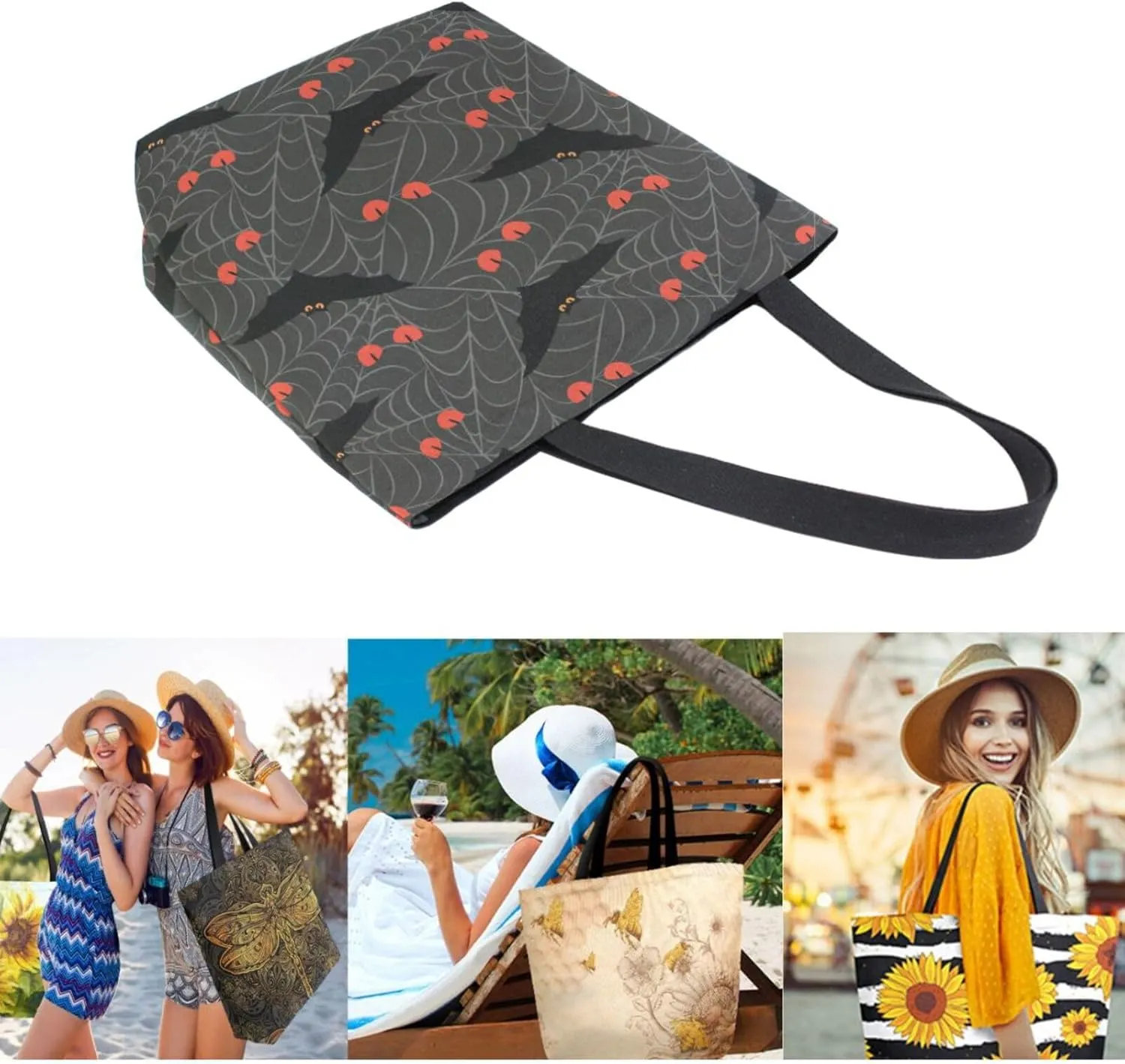 Stylish Extra Large Shoulder Grocery Tote Bag, Angry Bats and Cat Eyes in Spider Web Halloween Canvas Daily Handle Bag for Gym Yoga Weekender Beach Travel Picnic Kitchen Reusable Market Shopping