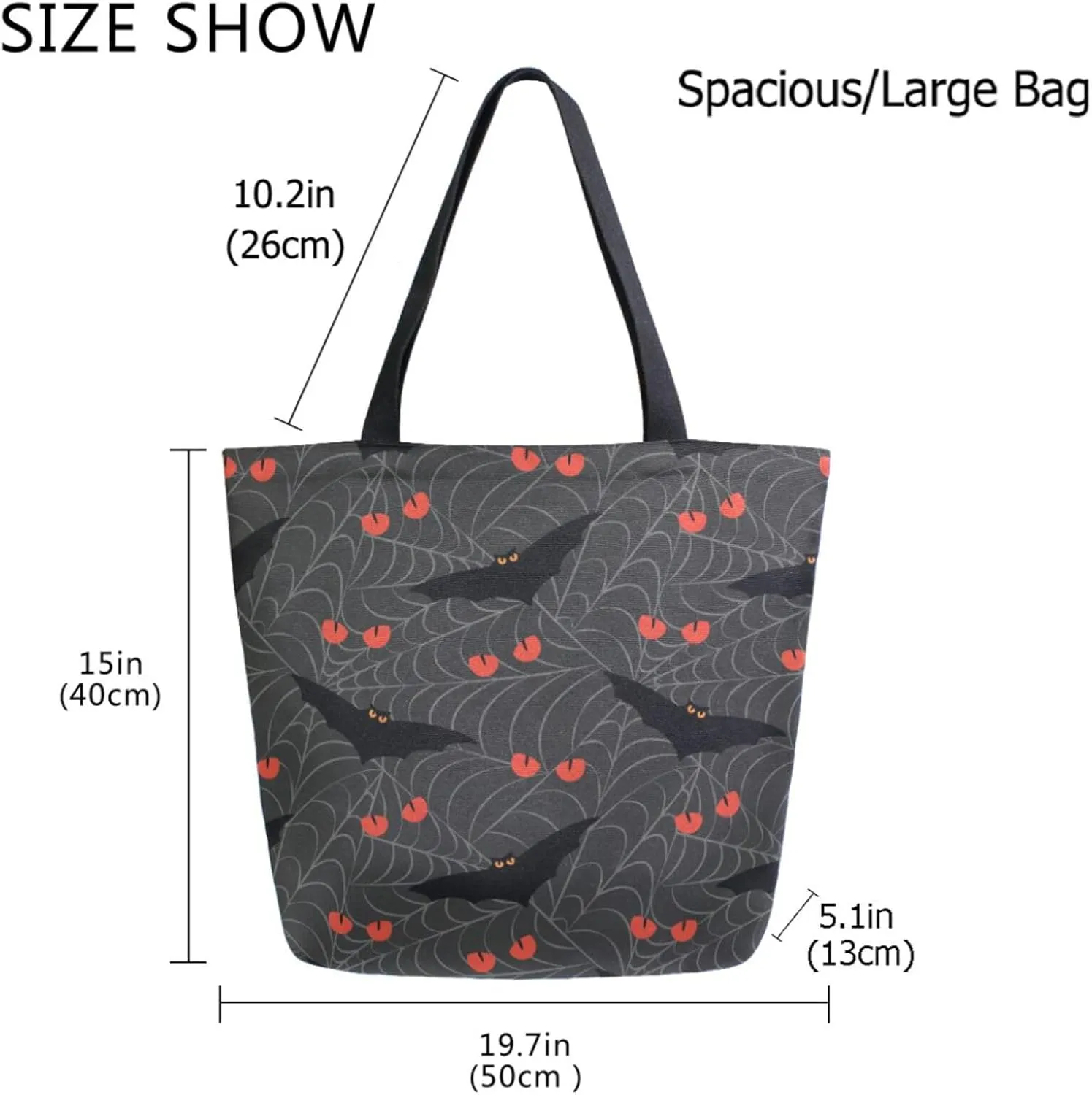 Stylish Extra Large Shoulder Grocery Tote Bag, Angry Bats and Cat Eyes in Spider Web Halloween Canvas Daily Handle Bag for Gym Yoga Weekender Beach Travel Picnic Kitchen Reusable Market Shopping