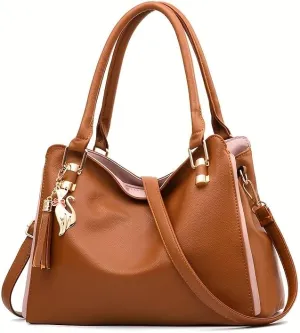 Stylish PU Crossbody Bag with Tassel and Fox Charm Convertible Large Tote Bags for Women, Shoulder Handbag Suitable for Work, Travel and Daily