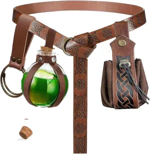 SUMGOGO 4 Pcs Halloween Renaissance Belt Pouch Witch Bottle Skirt Hikes Medieval Viking Pirate Leather Belt Costume Set