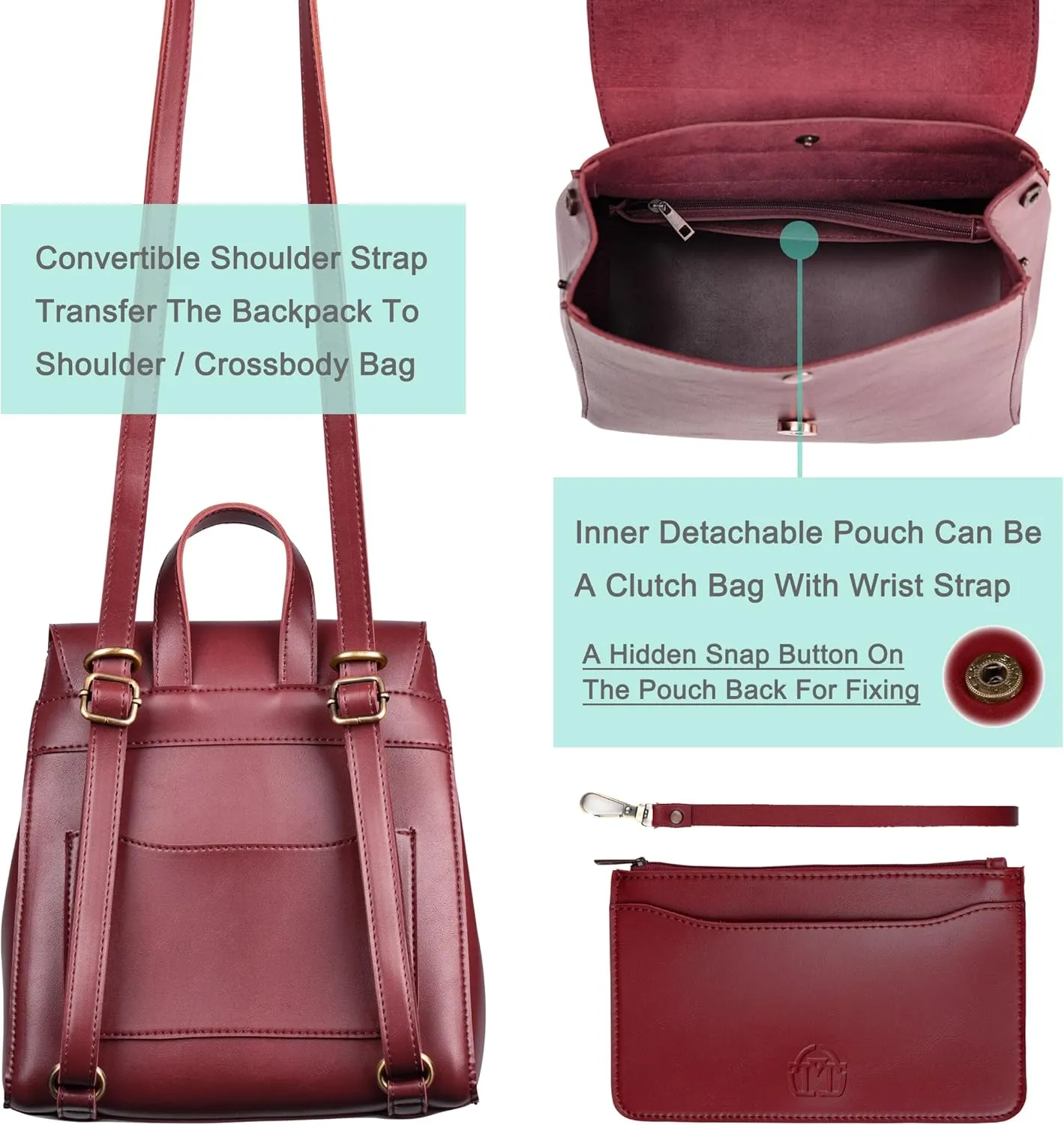 SUNLIGHT LEAVES Simple Vegan Leather Flap 3 Way Convertible Backpack For Women Classic Vintage Faux Leather Fashion Daypack (Red)