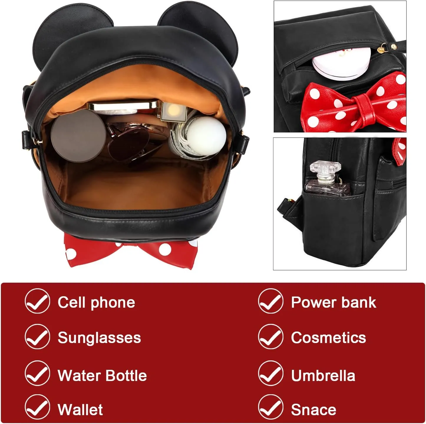 Sunwel Fashion Girls Mini Backpack Purse Mouse Ear Polka-dot Sequin Bow Convertible Backpack to Crossbody Bag for Women (black polkadot bow, W8.7 x H10)