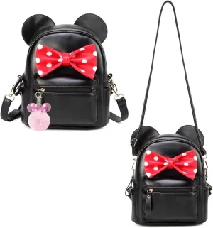 Sunwel Fashion Girls Mini Backpack Purse Mouse Ear Polka-dot Sequin Bow Convertible Backpack to Crossbody Bag for Women (black polkadot bow, W8.7 x H10)