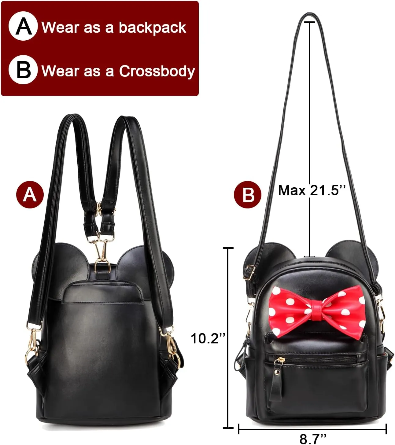 Sunwel Fashion Girls Mini Backpack Purse Mouse Ear Polka-dot Sequin Bow Convertible Backpack to Crossbody Bag for Women (black polkadot bow, W8.7 x H10)