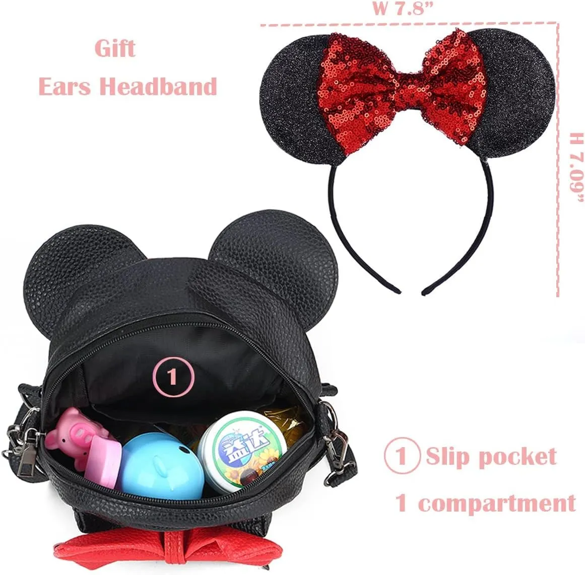 Sunwel Fashion Girls Mini Backpack Purse Mouse Ear Polka-dot Sequin Bow Convertible Backpack to Crossbody Bag for Women (black, W8.7 x H10)