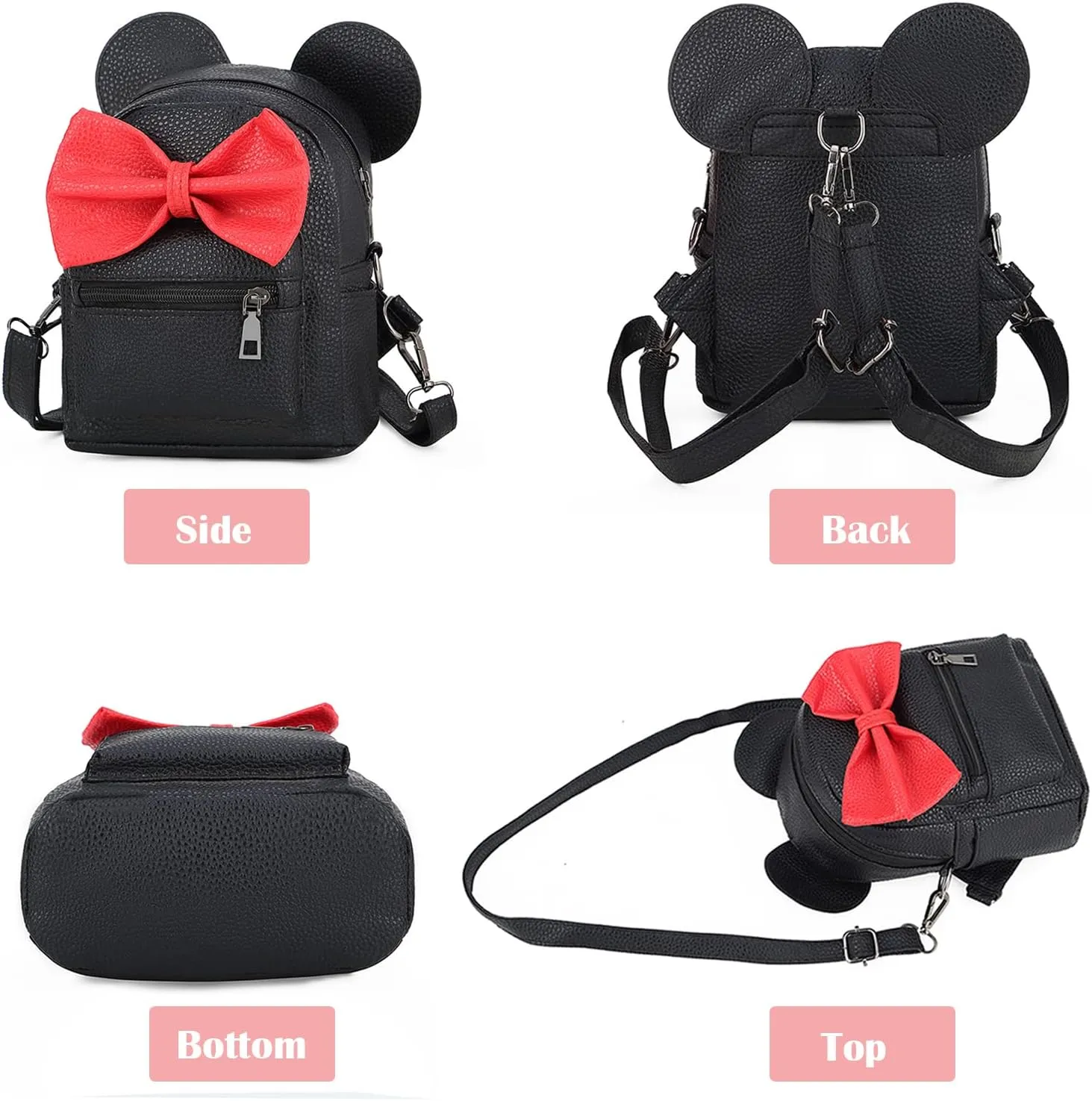 Sunwel Fashion Girls Mini Backpack Purse Mouse Ear Polka-dot Sequin Bow Convertible Backpack to Crossbody Bag for Women (black, W8.7 x H10)