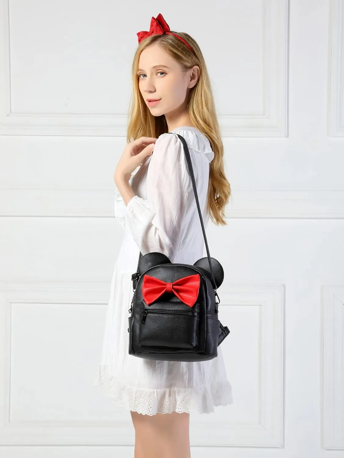 Sunwel Fashion Girls Mini Backpack Purse Mouse Ear Polka-dot Sequin Bow Convertible Backpack to Crossbody Bag for Women (black, W8.7 x H10)