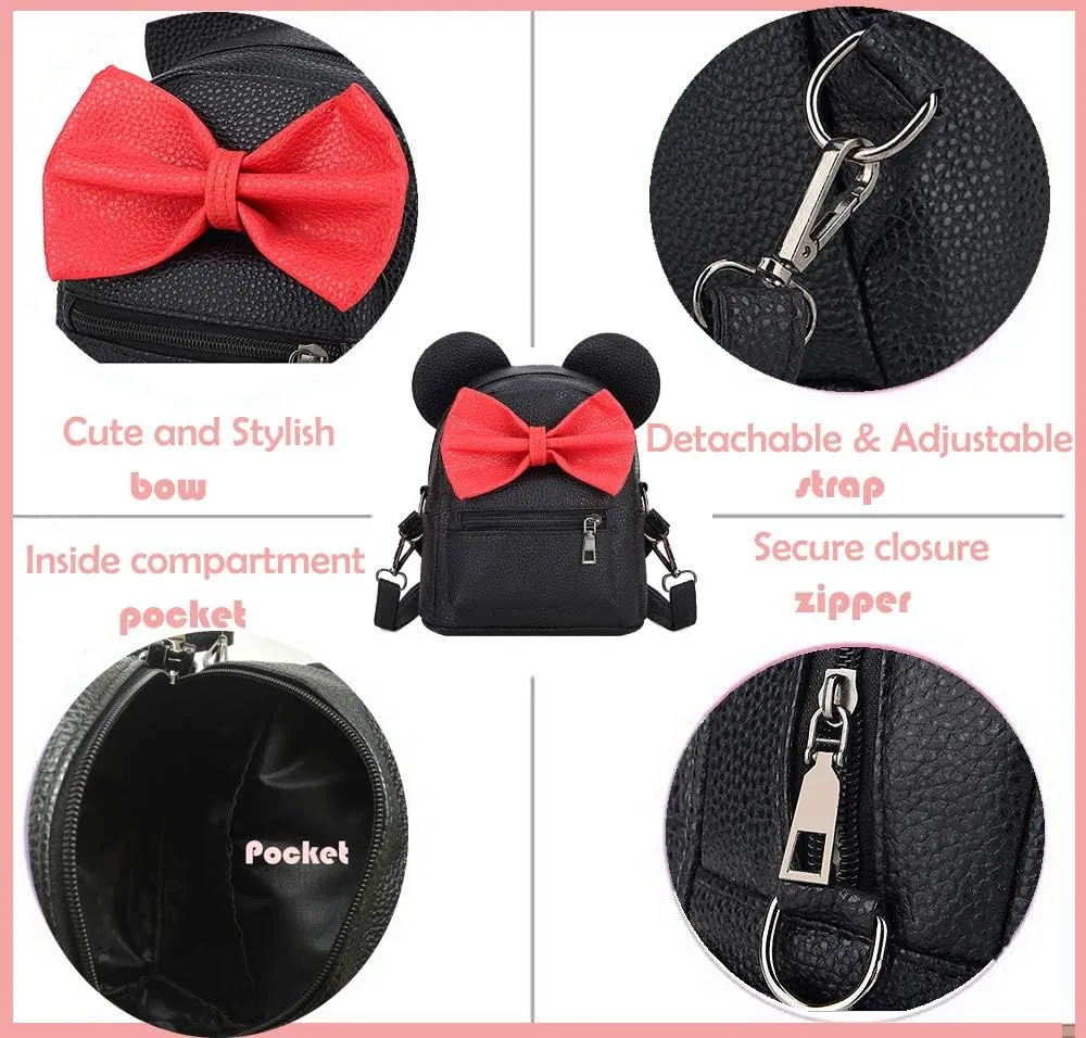 Sunwel Fashion Girls Mini Backpack Purse Mouse Ear Polka-dot Sequin Bow Convertible Backpack to Crossbody Bag for Women (black, W8.7 x H10)