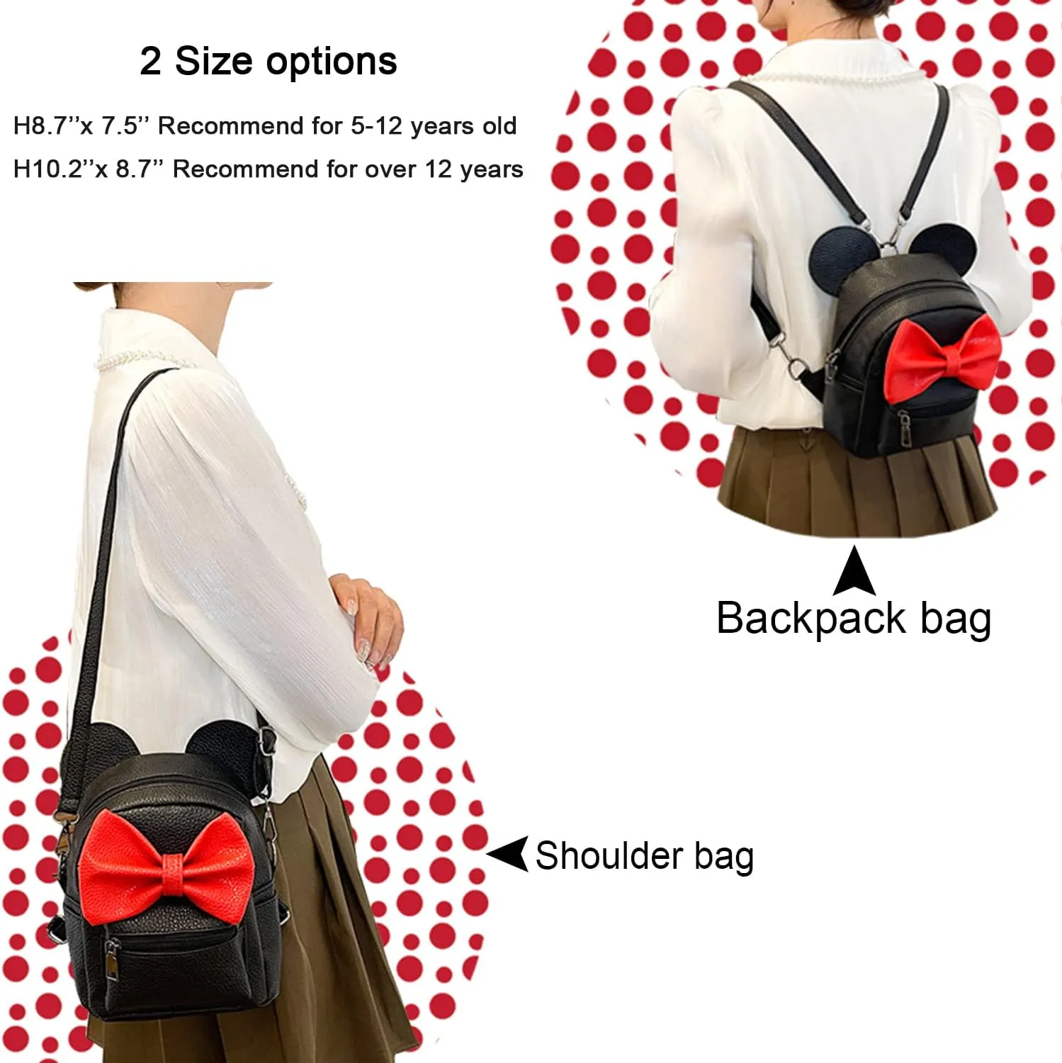 Sunwel Fashion Girls Mini Backpack Purse Mouse Ear Polka-dot Sequin Bow Convertible Backpack to Crossbody Bag for Women (black, W8.7 x H10)