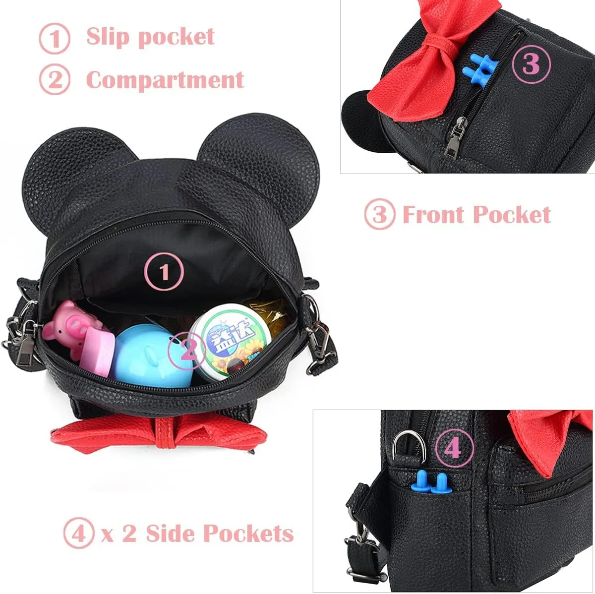 Sunwel Fashion Girls Mini Backpack Purse Mouse Ear Polka-dot Sequin Bow Convertible Backpack to Crossbody Bag for Women (black, W8.7 x H10)