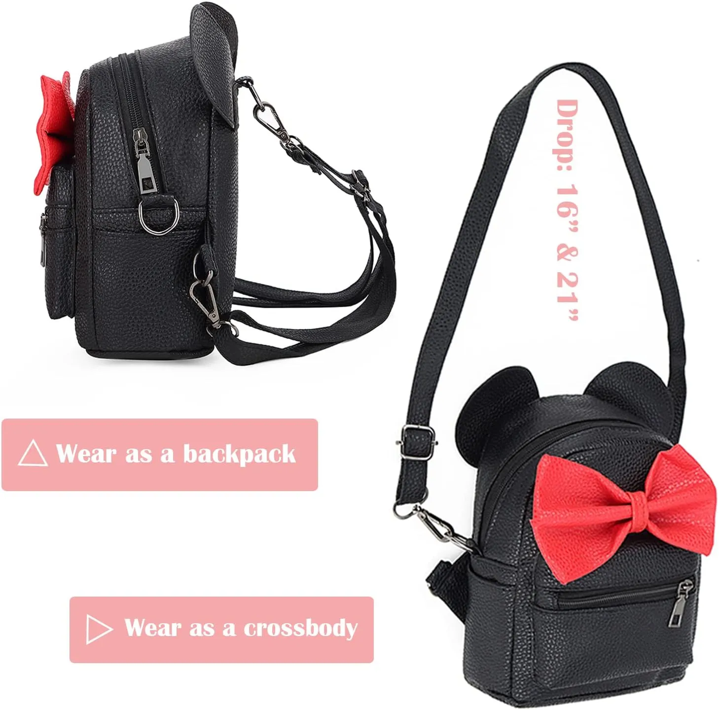 Sunwel Fashion Girls Mini Backpack Purse Mouse Ear Polka-dot Sequin Bow Convertible Backpack to Crossbody Bag for Women (black, W8.7 x H10)