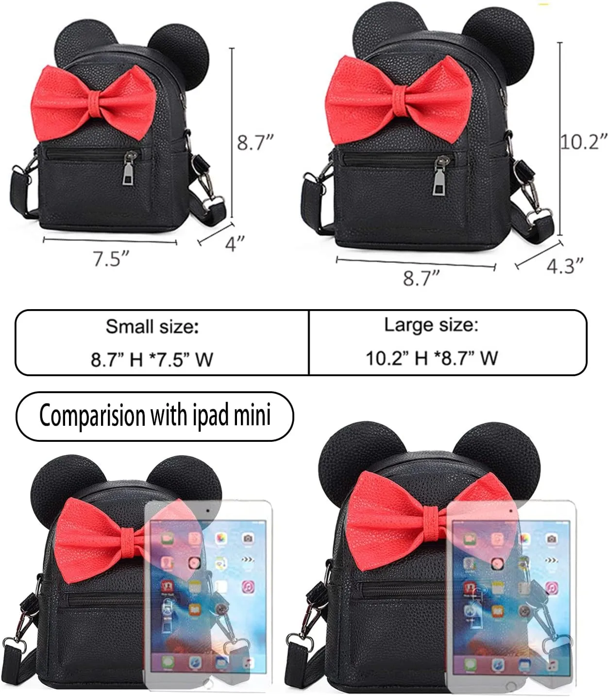 Sunwel Fashion Girls Mini Backpack Purse Mouse Ear Polka-dot Sequin Bow Convertible Backpack to Crossbody Bag for Women (black, W8.7 x H10)