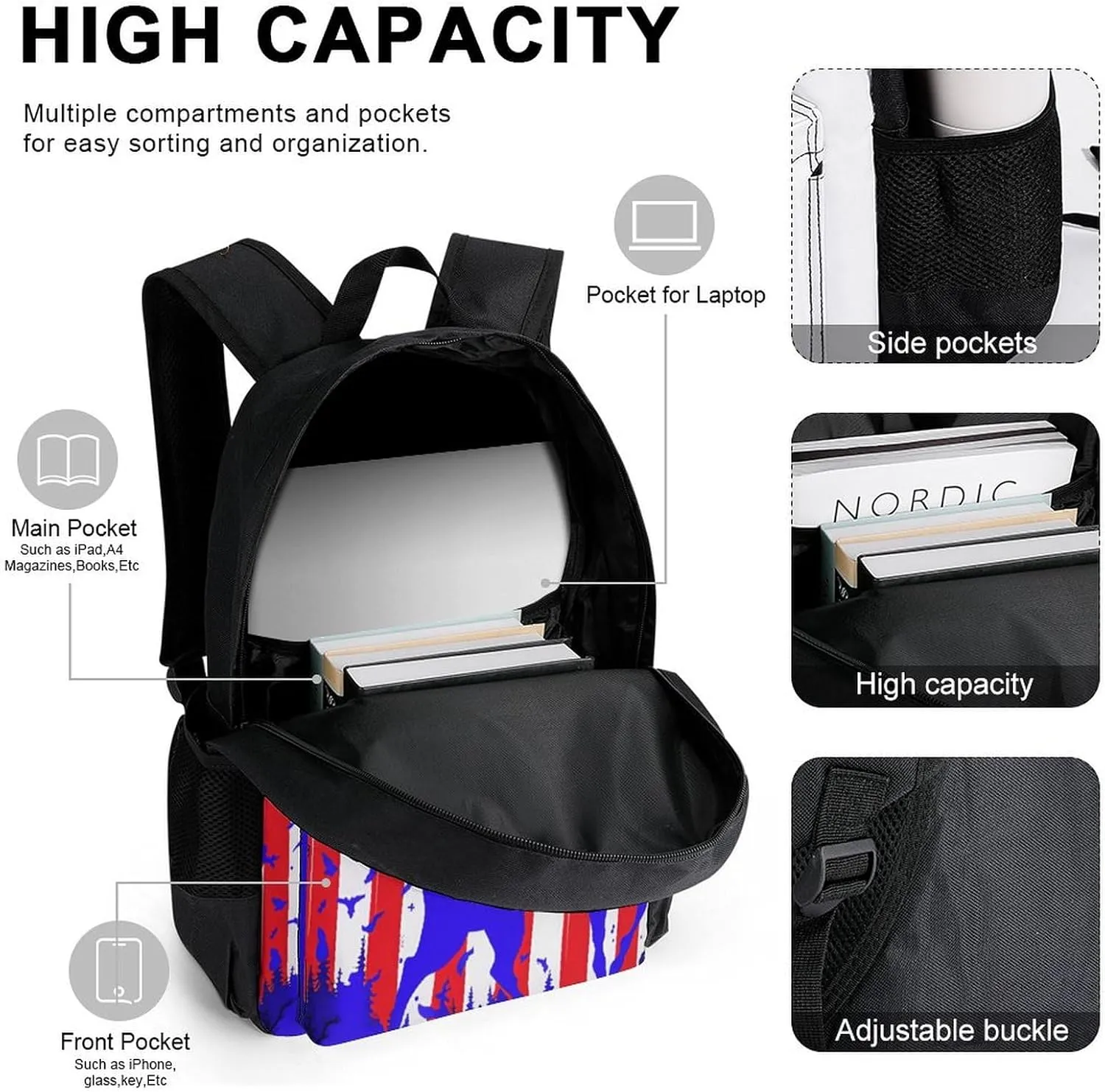 Supdreamc 3 Pcs Rucksacks American Flag Deer Art Travel And Sport Backpack Sets Rucksack - Big Capacity Anti-Theft Multipurpose Carry On Bag for Men Women