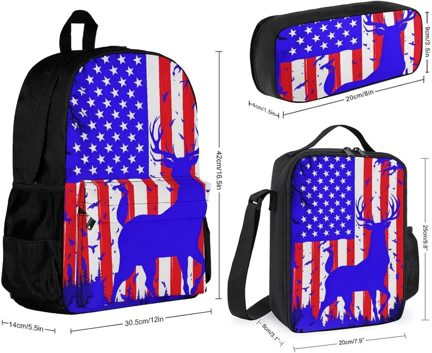 Supdreamc 3 Pcs Rucksacks American Flag Deer Art Travel And Sport Backpack Sets Rucksack - Big Capacity Anti-Theft Multipurpose Carry On Bag for Men Women