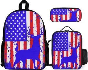 Supdreamc 3 Pcs Rucksacks American Flag Deer Art Travel And Sport Backpack Sets Rucksack - Big Capacity Anti-Theft Multipurpose Carry On Bag for Men Women