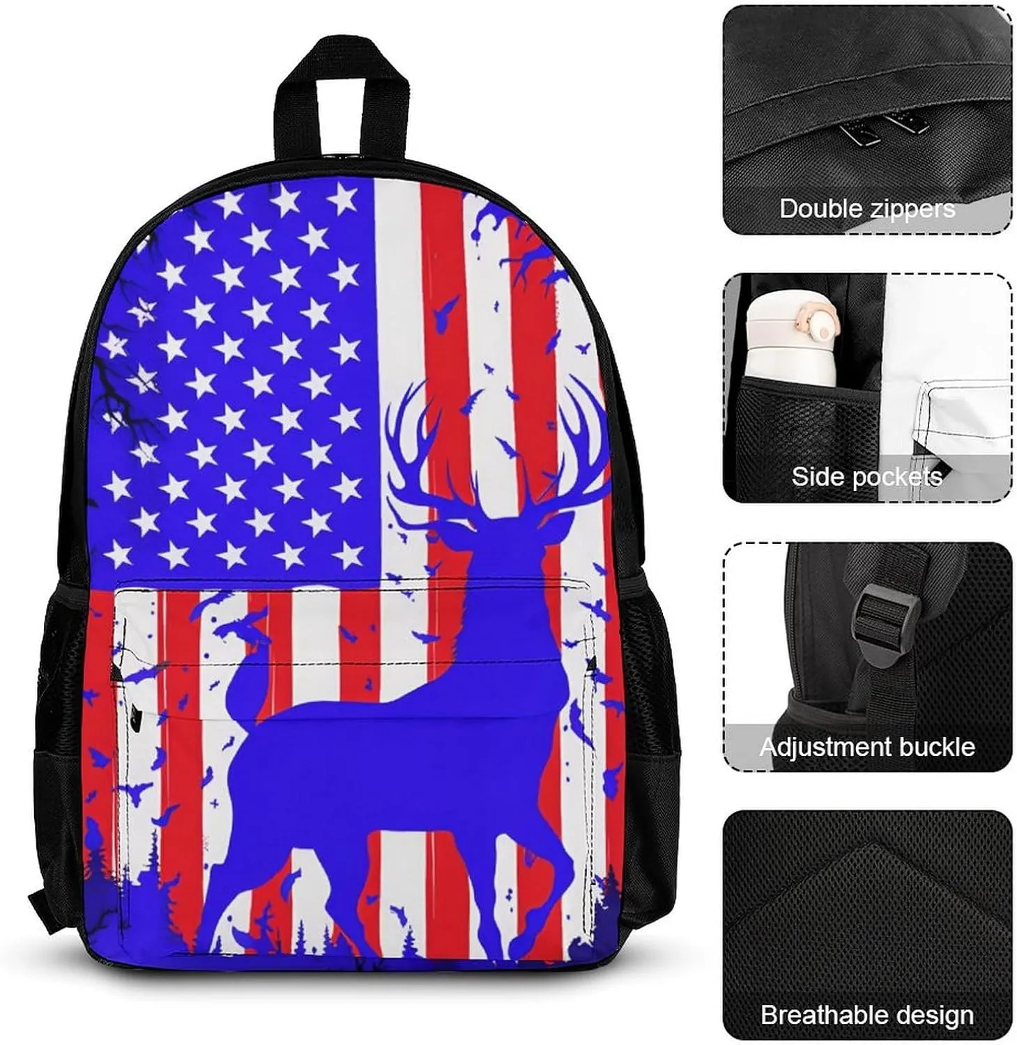 Supdreamc 3 Pcs Rucksacks American Flag Deer Art Travel And Sport Backpack Sets Rucksack - Big Capacity Anti-Theft Multipurpose Carry On Bag for Men Women