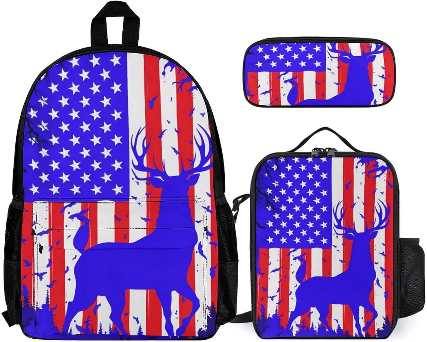Supdreamc 3 Pcs Rucksacks American Flag Deer Art Travel And Sport Backpack Sets Rucksack - Big Capacity Anti-Theft Multipurpose Carry On Bag for Men Women