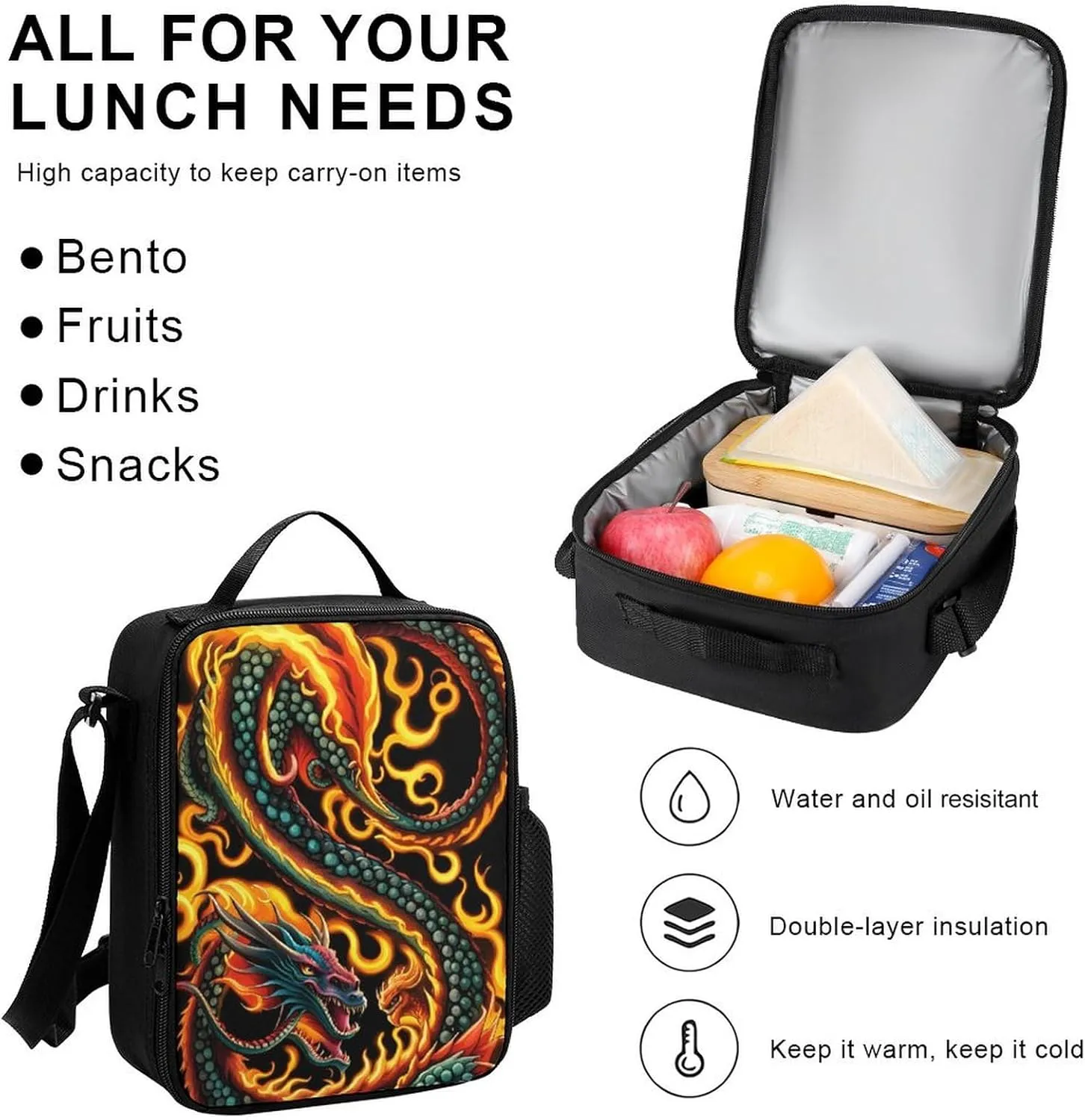 Supdreamc 3 Pcs Rucksacks Burning Flaming Fire Chinese Dragon Art Travel Hiking Backpack Sets - Big Capacity Anti-Theft Multipurpose Carry On Bag for Adult