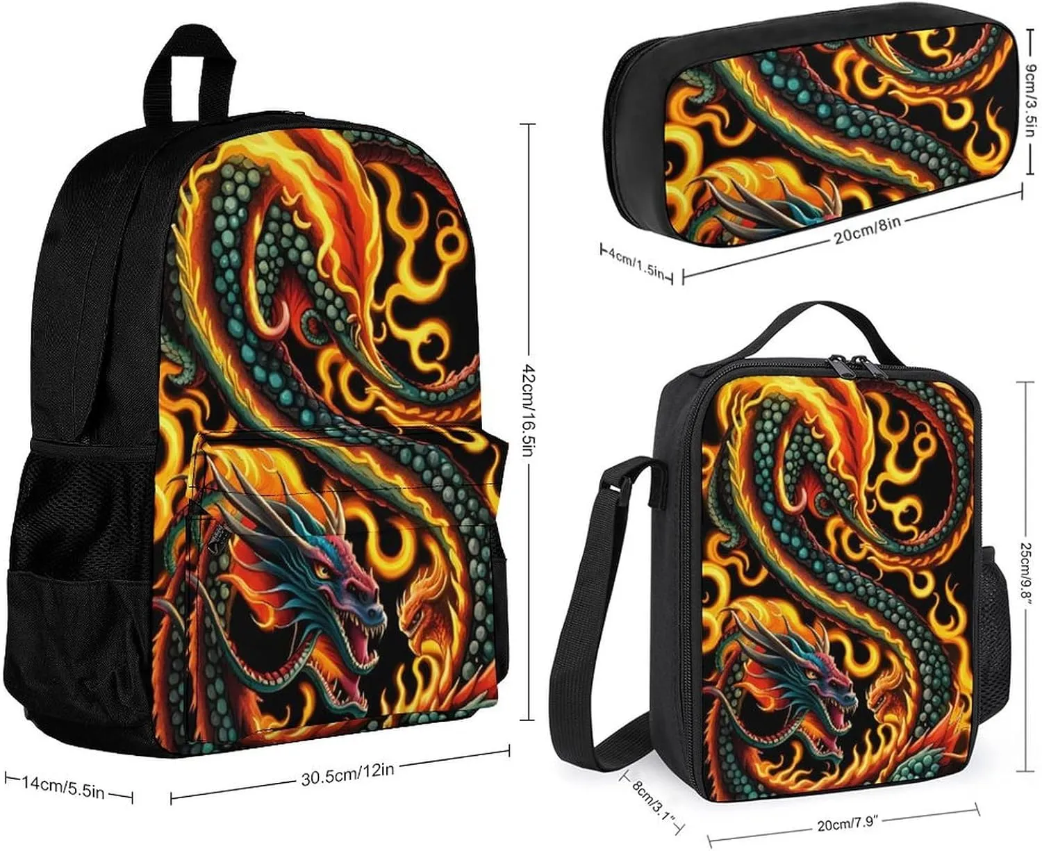 Supdreamc 3 Pcs Rucksacks Burning Flaming Fire Chinese Dragon Art Travel Hiking Backpack Sets - Big Capacity Anti-Theft Multipurpose Carry On Bag for Adult